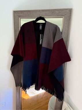 Colorblock Fringe Shawl Cape in Burgundy, Navy & Taupe ONE SIZE NWT